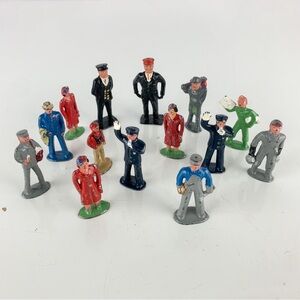 14 Cast Metal Figures Newspaper Boy Businessman Lady Conductor Mailman Police